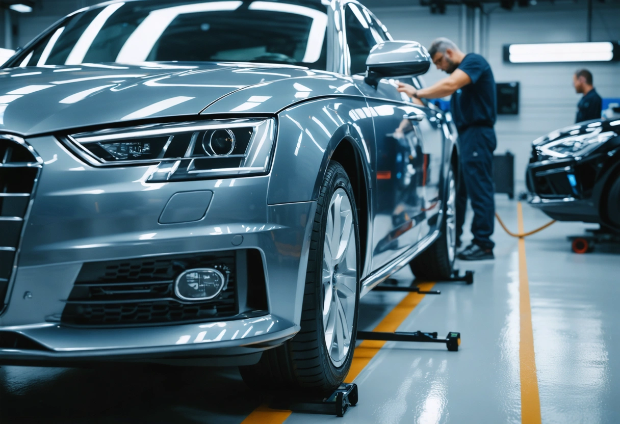 A car with ADAS sensors being aligned in a modern garage. Technicians use high-tech equipment.