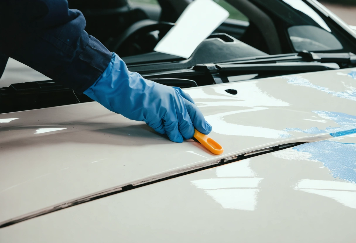 Technician analyzing car's peeling paint with diagnostic tool in daylight