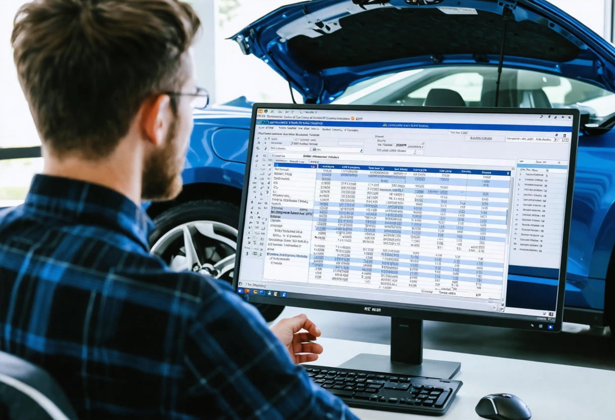 A customer discussing repair estimates with an auto body shop representative. The setting is a