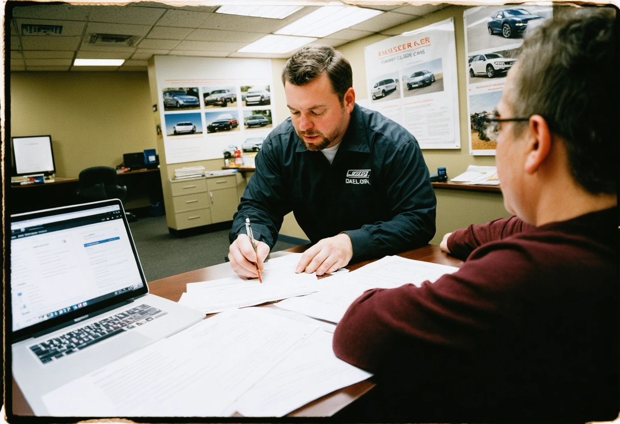 A customer reviewing warranty options with an auto body shop representative. The setting is a