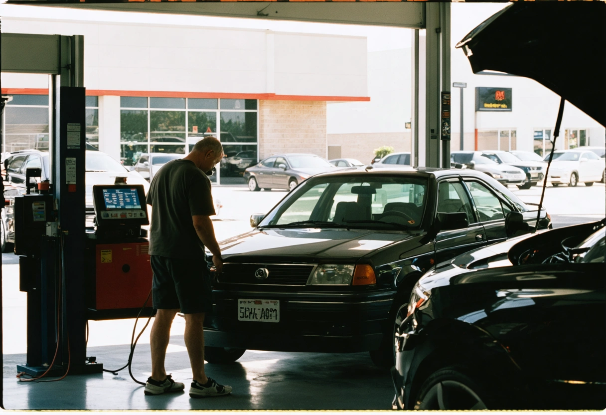 A driver checking their car's alignment at a service center, with a focus on the