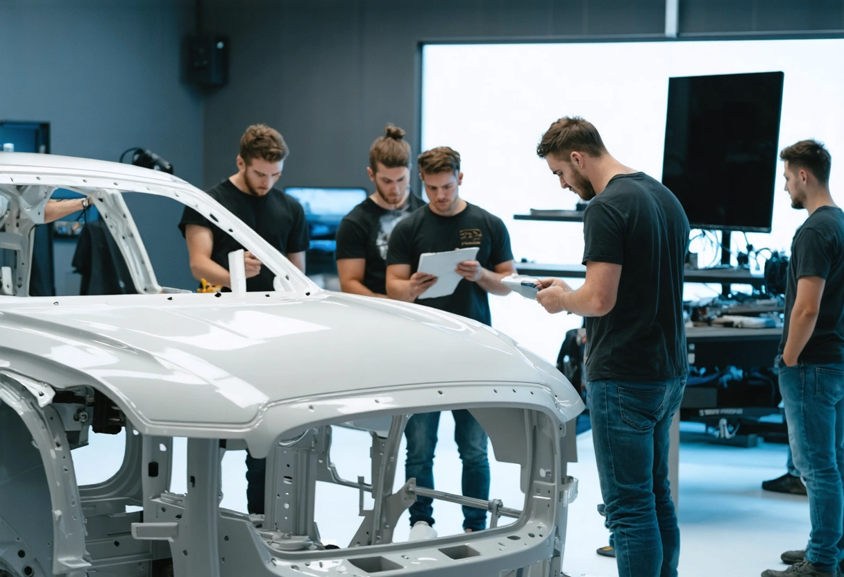 A group of auto body students in a classroom setting, engaged in a hands-on workshop.