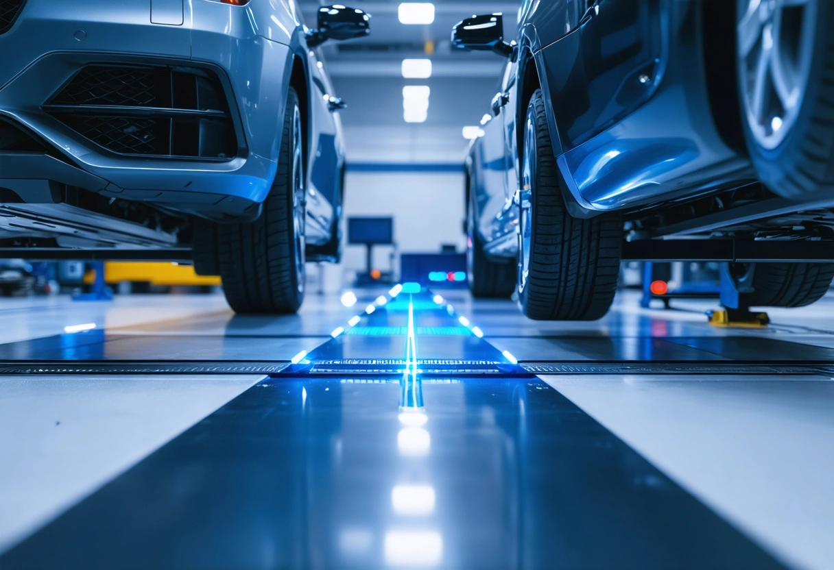 A high-tech alignment machine with lasers and cameras in a modern auto shop. The setting