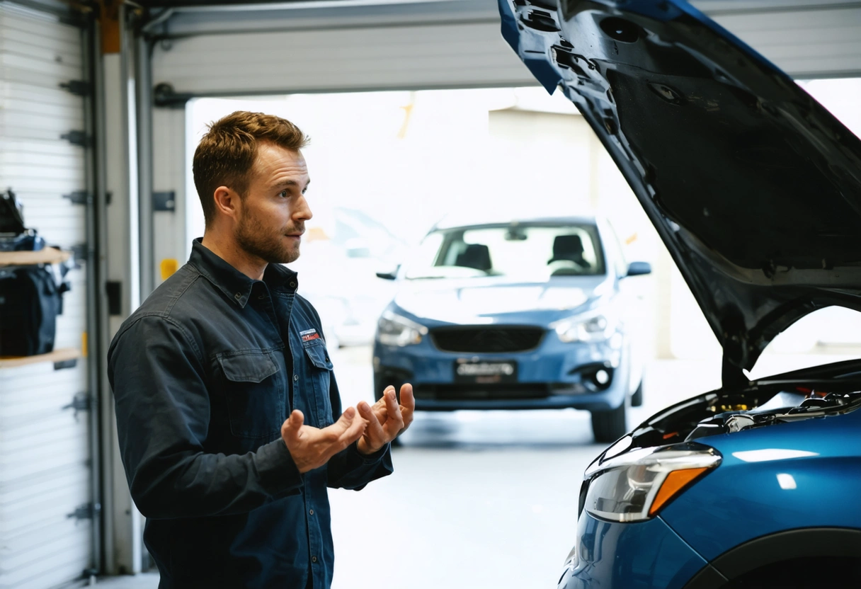 A mechanic explaining alignment benefits to a customer in a garage. The setting is friendly