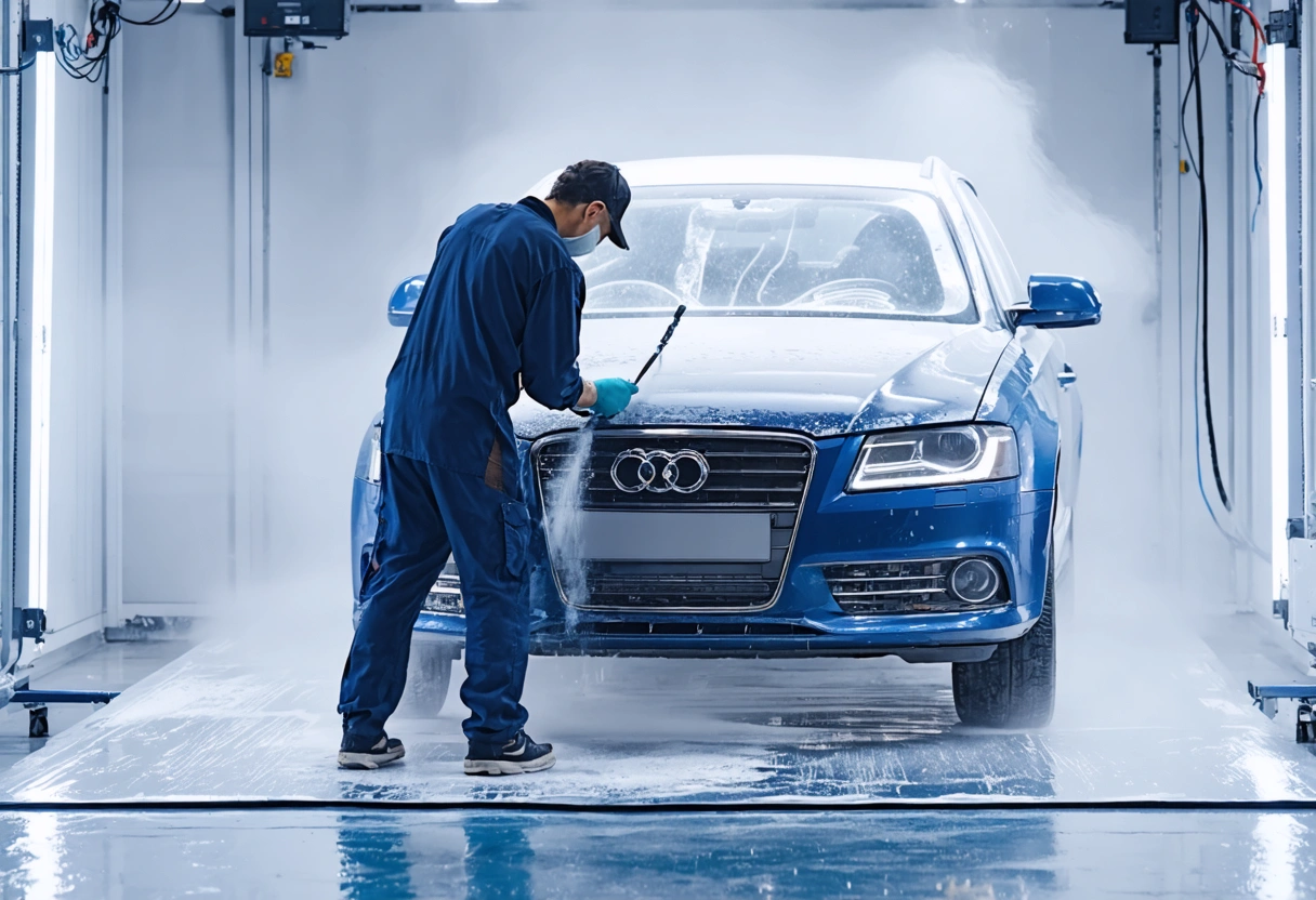 A skilled auto painter applying a clear coat to a car in a professional spray