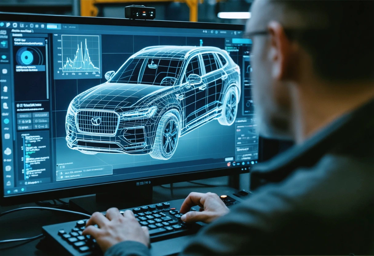 AI diagnostic tool analyzing car data, mechanic observing in modern workshop