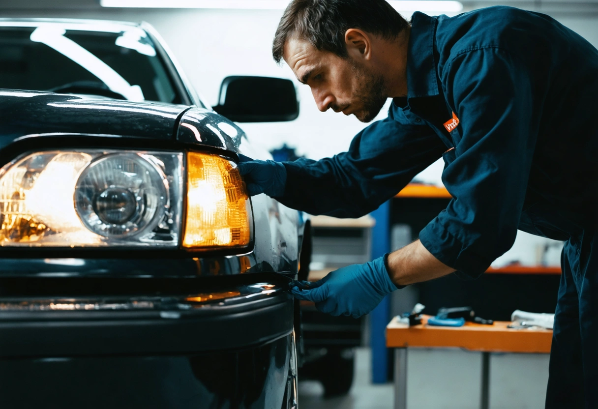 An auto body technician examining a car's paint defect under bright shop lights. The focus