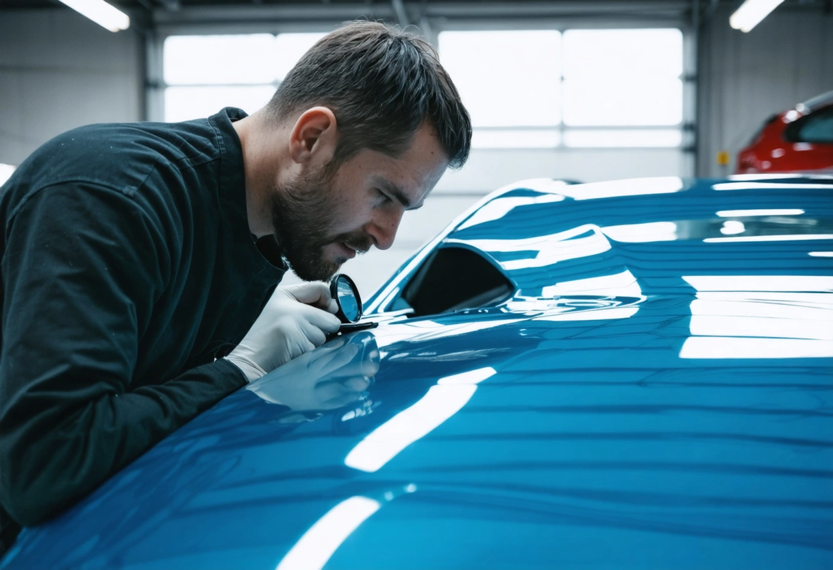An auto body technician inspecting a freshly painted car for quality control in a brightly