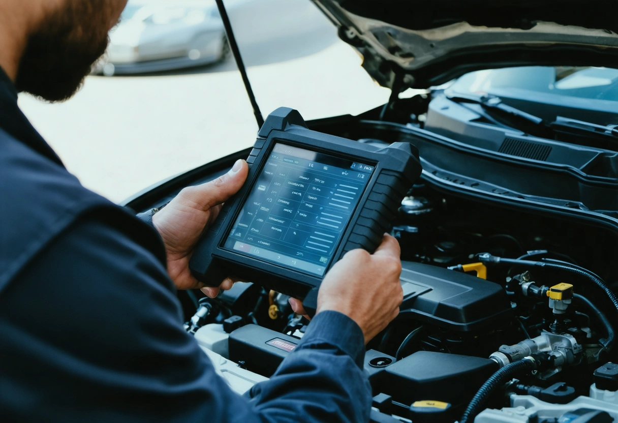 Mechanic holding diagnostic tool showing error codes next to car engine