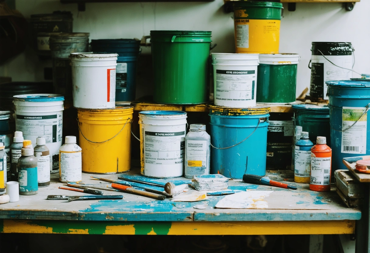 Close-up of various automotive paint cans and materials on a workbench, under natural lighting. The