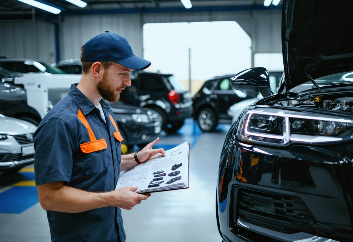 Mechanic discussing OEM parts with customer using parts catalog