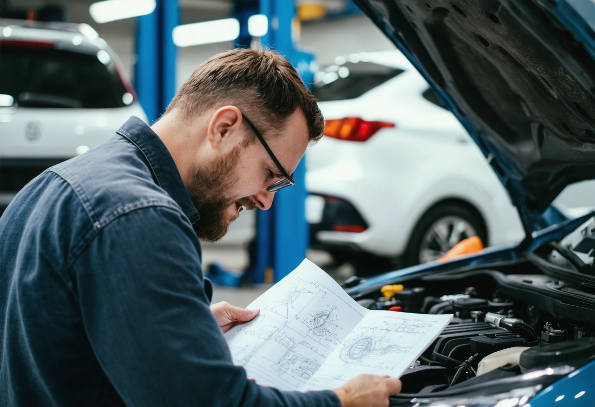 Mechanic explaining repair process to customer with diagrams
