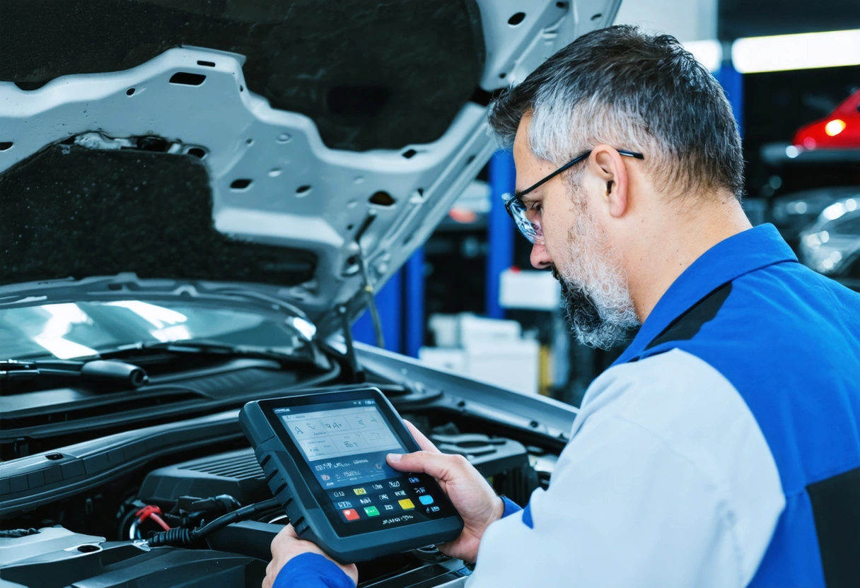 Mechanic using diagnostic tool on car in bright auto shop