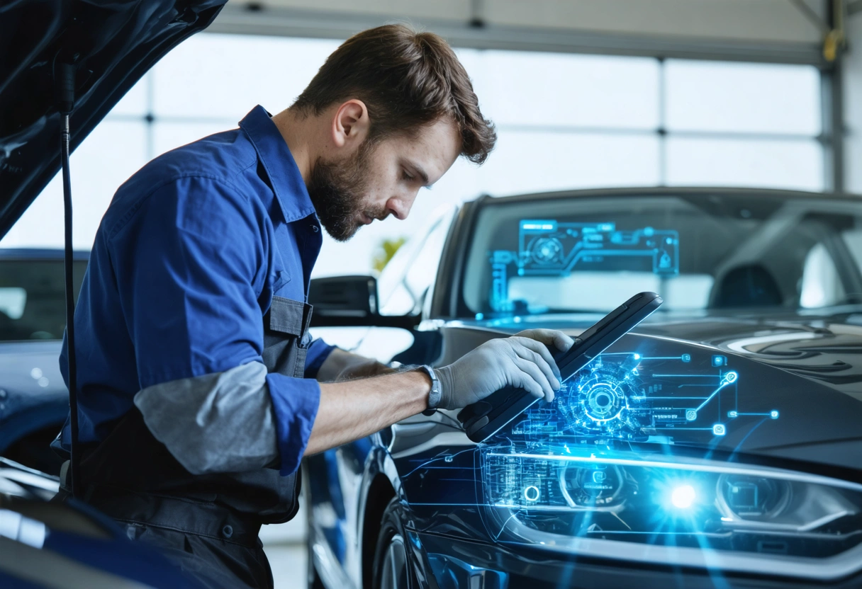 Mechanic using advanced diagnostics in garage, focusing on vehicle health