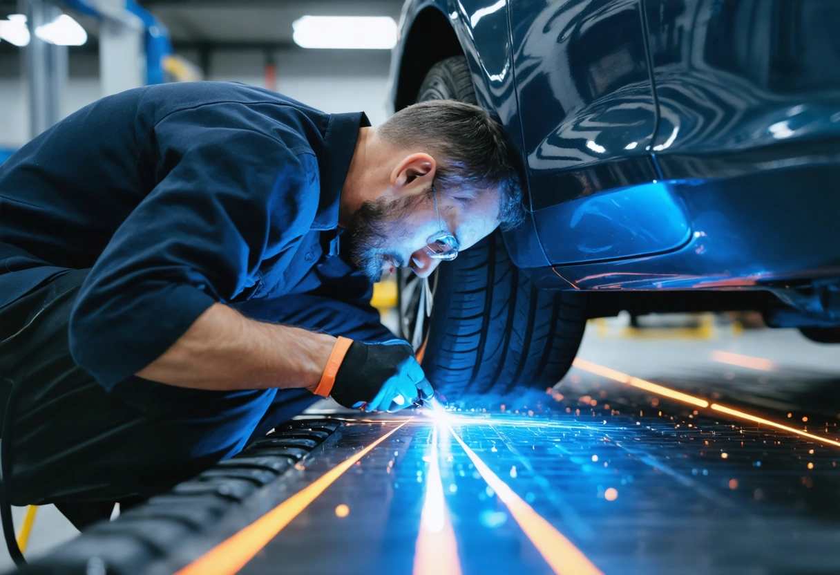 Technician using laser alignment tools on car in workshop