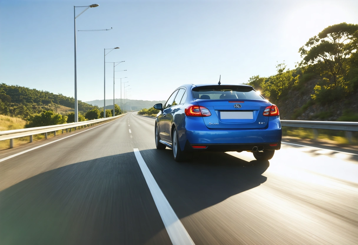 A car driving smoothly on a highway, highlighting even tire wear and alignment. The road