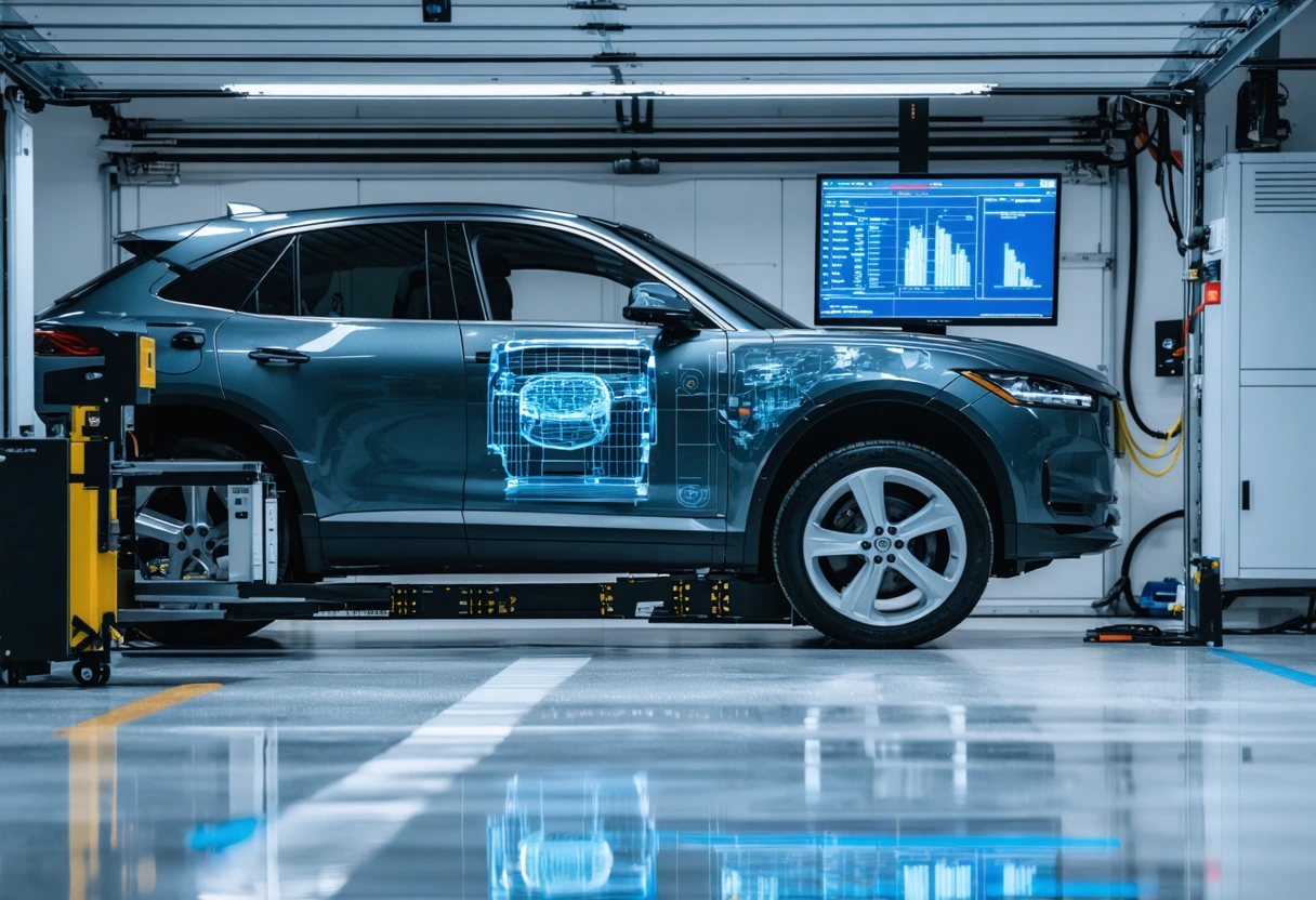 A car in a modern garage with ADAS calibration equipment. The scene is high-tech, with