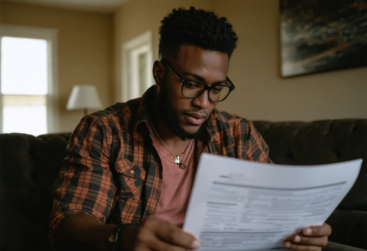 Driver reviewing insurance documents at home with laptop open