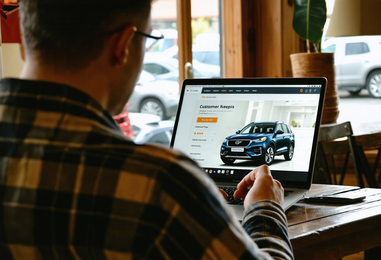A customer reading reviews on a laptop in a cozy room, focused on choosing an