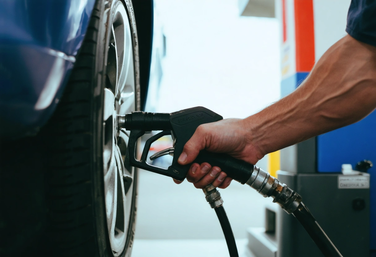 A driver checking tire pressure at a gas station. The setting is bright, with a