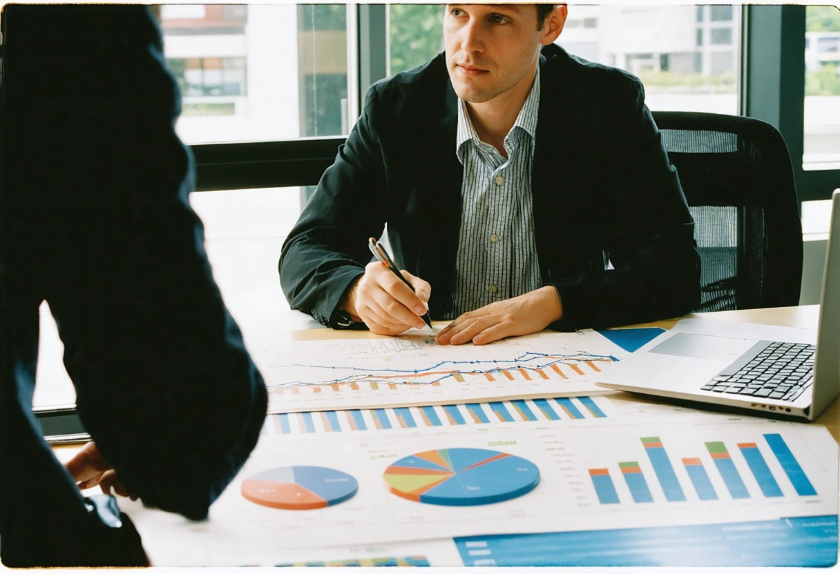 Driver and insurance agent discussing claims with charts on table