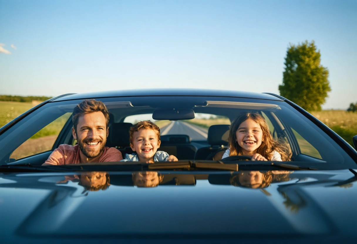 A family driving safely in a well-maintained car, smiling and relaxed. Daytime, clear skies, scenic
