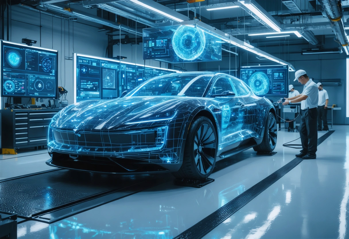 Technicians use digital interfaces in futuristic eco-friendly auto shop.