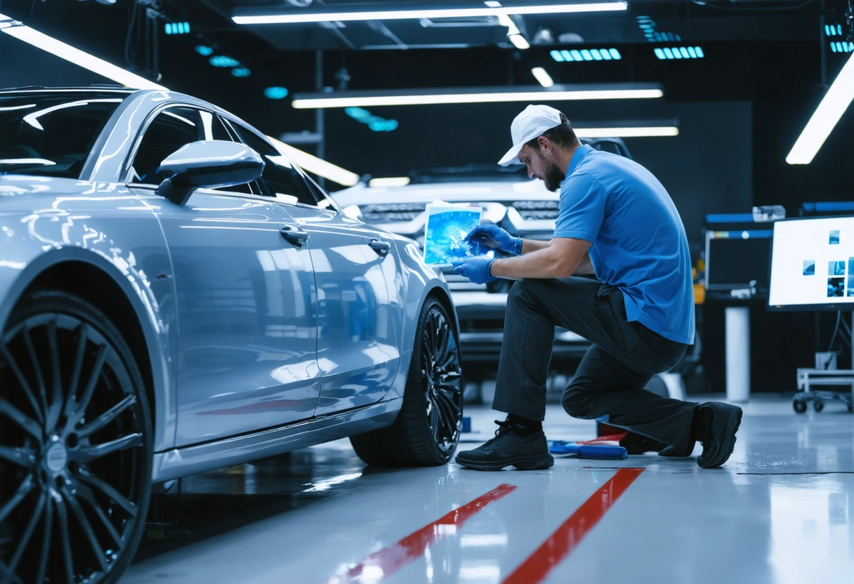 Technician uses digital color matching in high-tech eco-friendly auto shop.