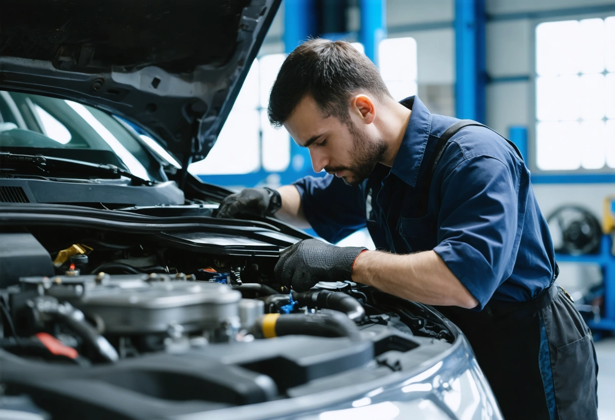 A mechanic performing maintenance on a vehicle's cooling system in a specialized shop. Bright, clean