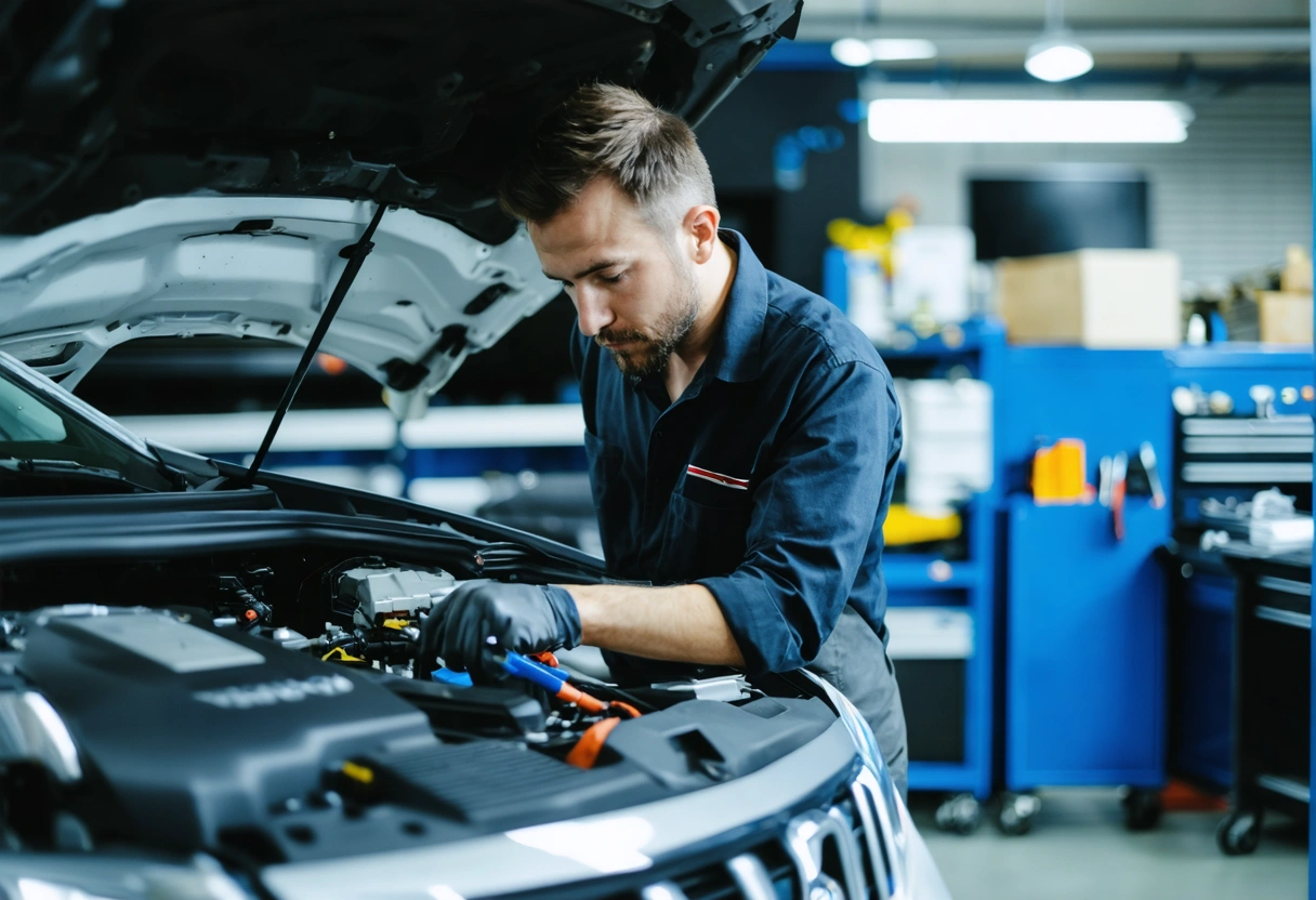 A mechanic working on a hybrid vehicle in a specialized shop, using specific tools. Bright