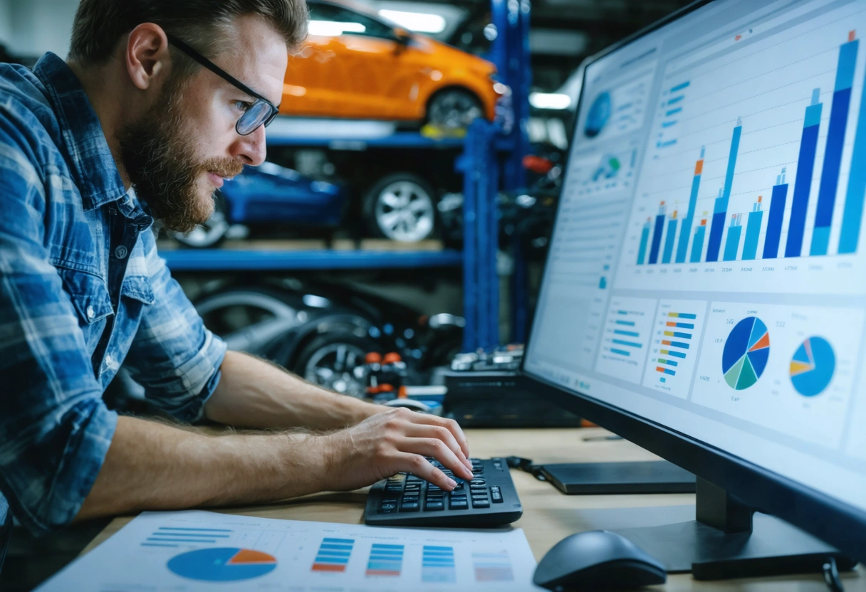 Owner reviews eco-friendly equipment in organized office with digital charts.