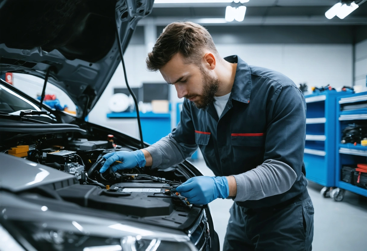 An auto technician using advanced diagnostic equipment on a car's electrical system. Well-lit workshop, focused