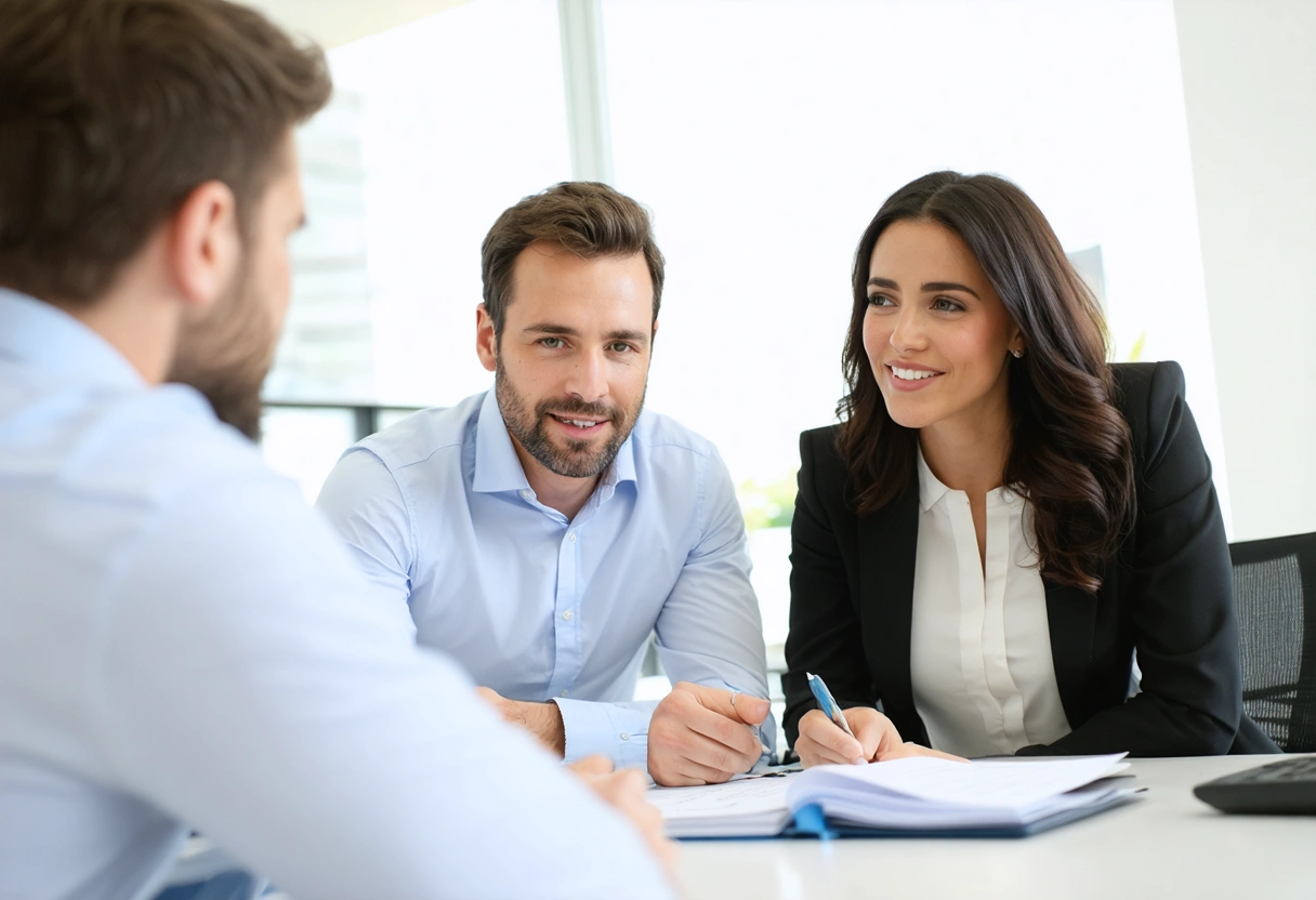 Insurance agent explaining coverage options to couple in office