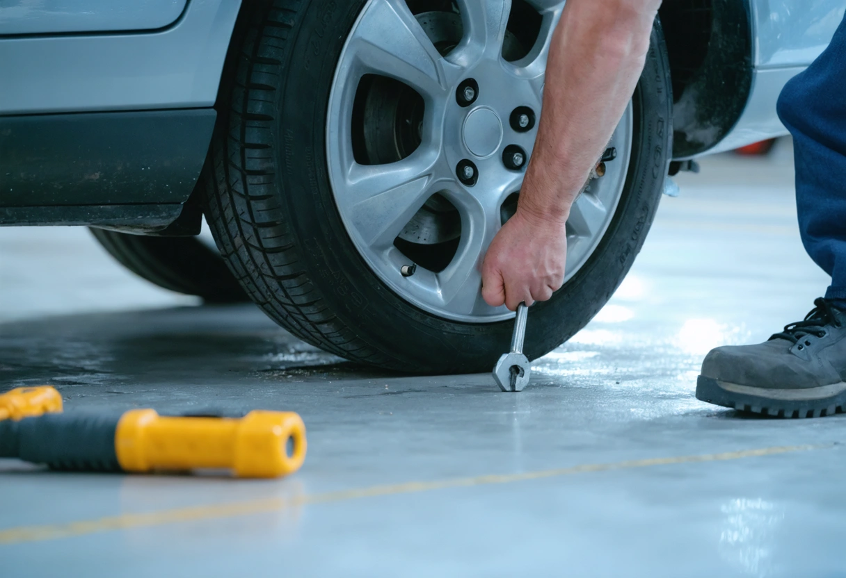 Close-up of a car's wheel showing camber angle adjustment. The mechanic's hands are visible, using