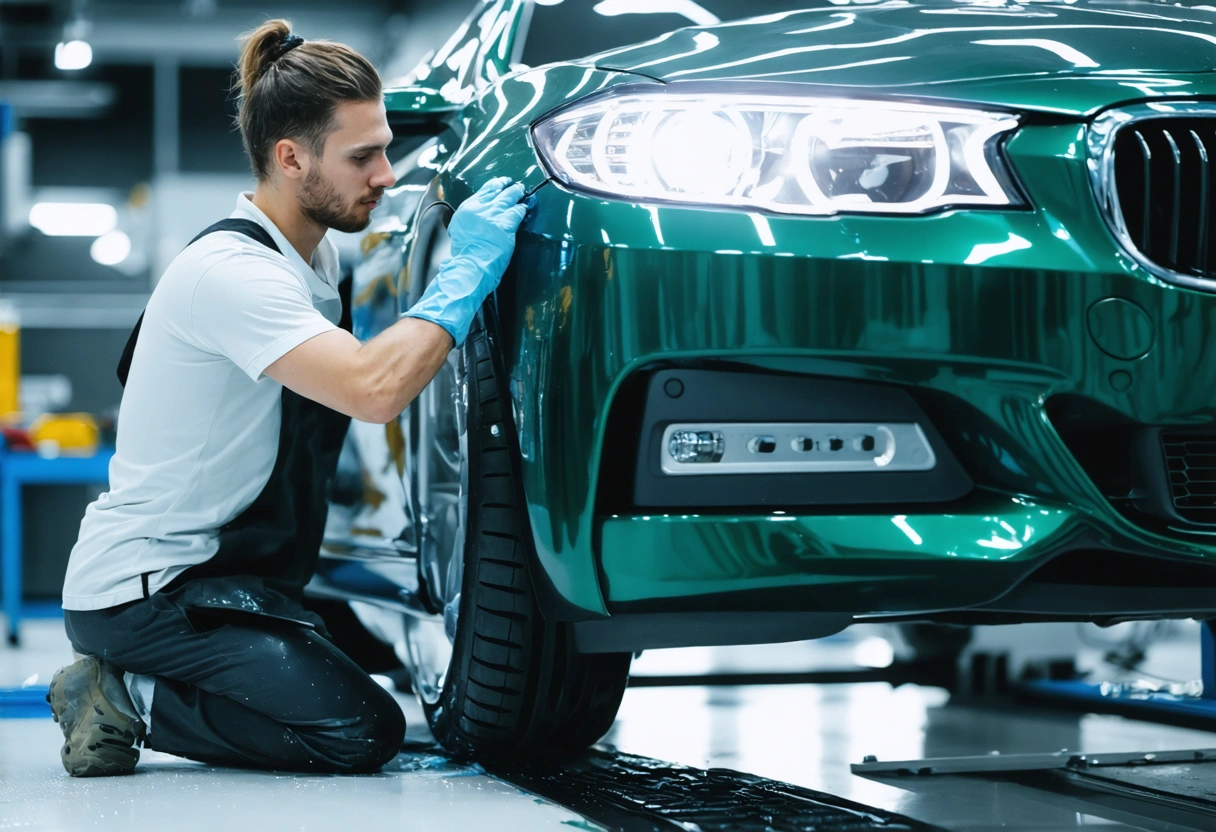 Technician applying waterborne paint in eco-conscious auto body shop.