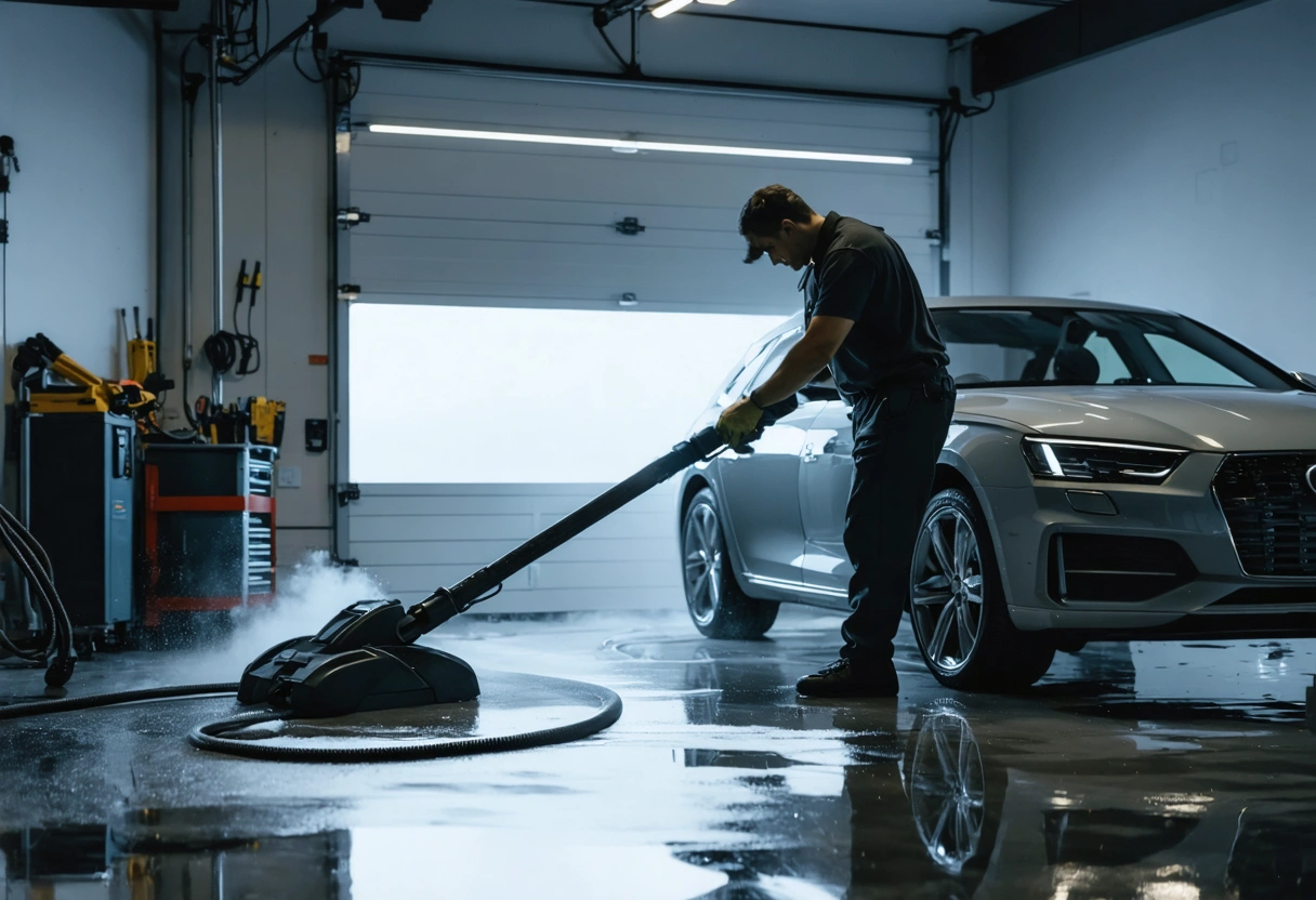 A car interior being vacuumed by a technician, clean and polished look, bright lighting, focus