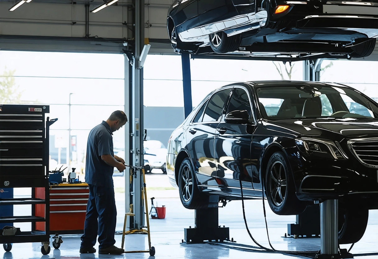 A car receiving a maintenance check at a certified auto body shop. Technicians inspect the