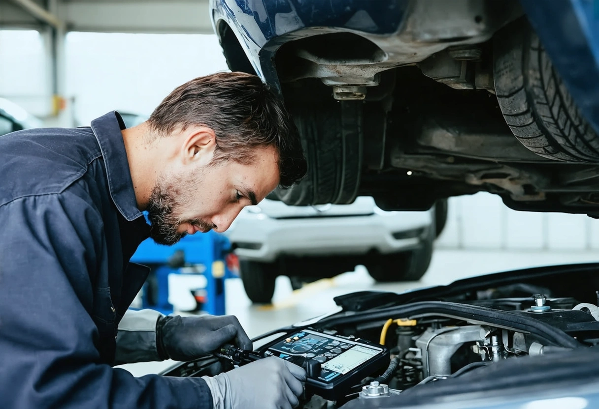 Mechanic examines vehicle's undercarriage with diagnostic equipment in well-lit shop