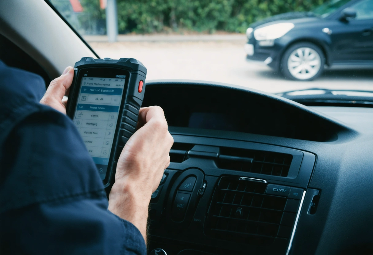 Mechanic's hands use OBD-II scanner on car dashboard, displaying codes
