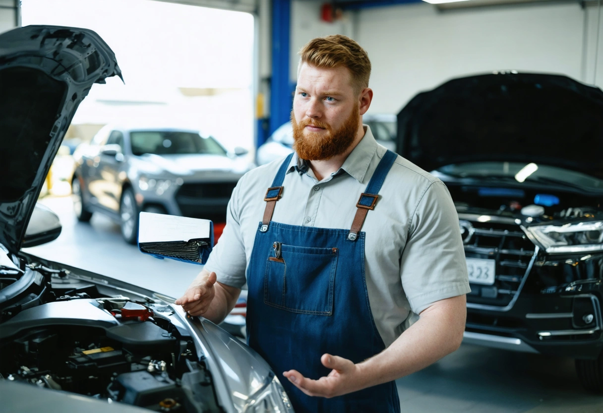 A customer in an auto body shop, discussing repair options with a mechanic. The setting
