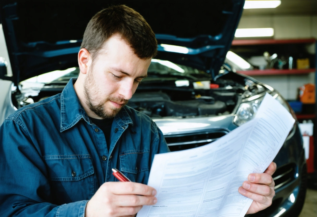 Customer reviews diagnostic report with mechanic in well-lit repair shop