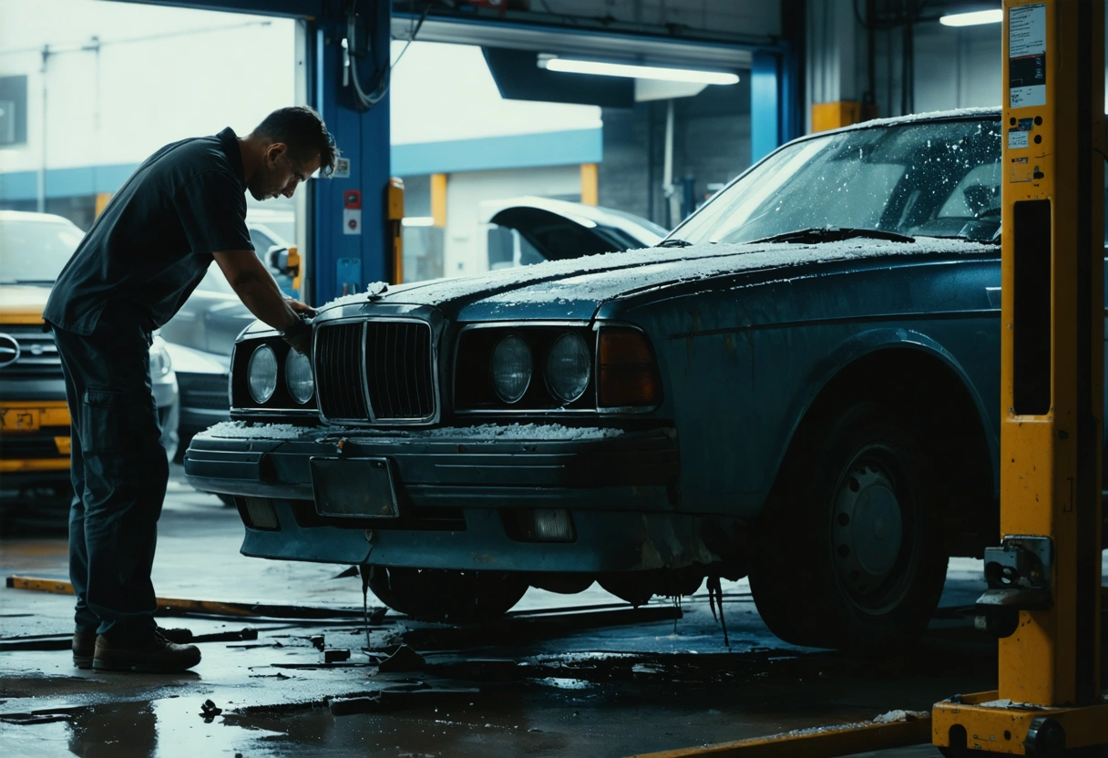 A damaged car in a repair shop, with a mechanic assessing the damage. The scene