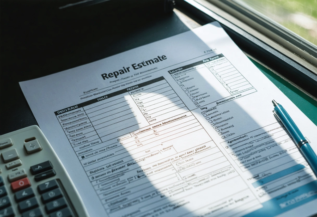 A detailed repair estimate on a desk, with sections for parts and labor highlighted. Natural