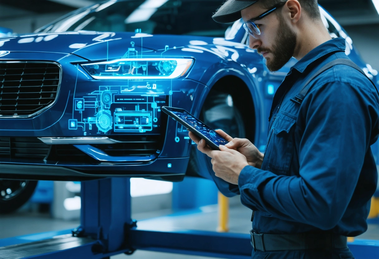 Mechanic uses tablet for remote diagnostics in high-tech auto repair shop