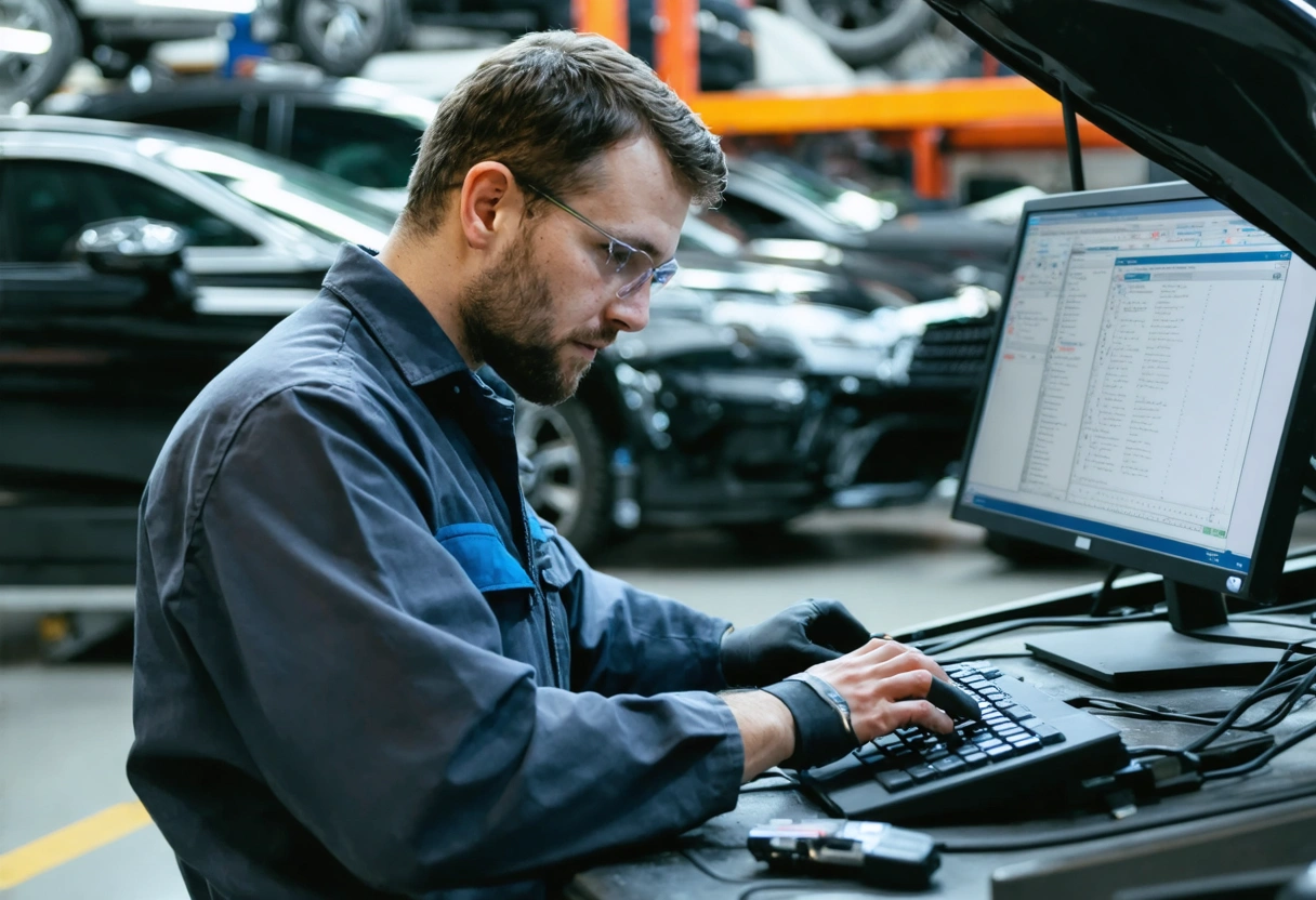 Mechanic updates diagnostic software on computer in busy repair shop