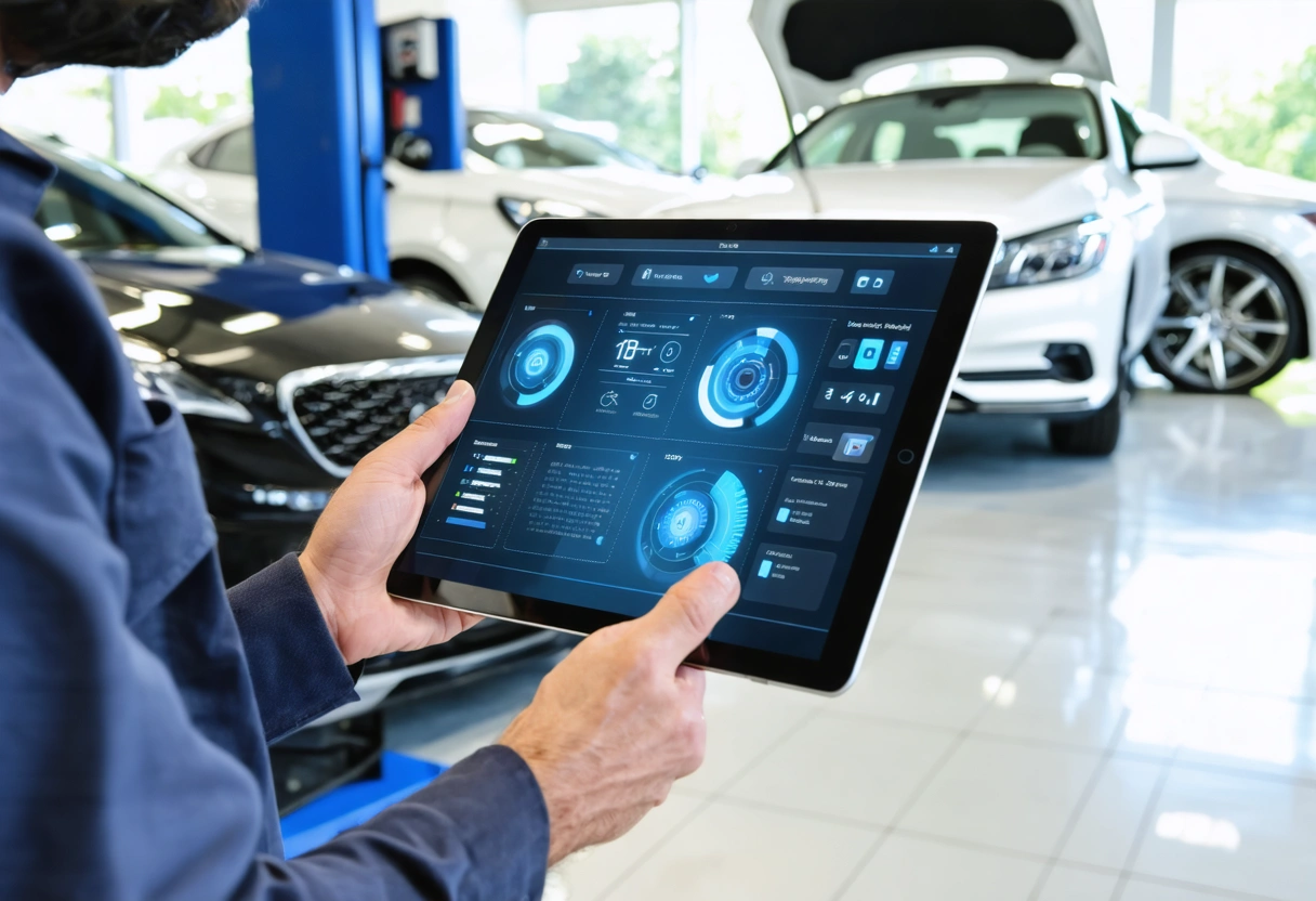 A modern auto repair shop using advanced software on a tablet for estimates. The environment
