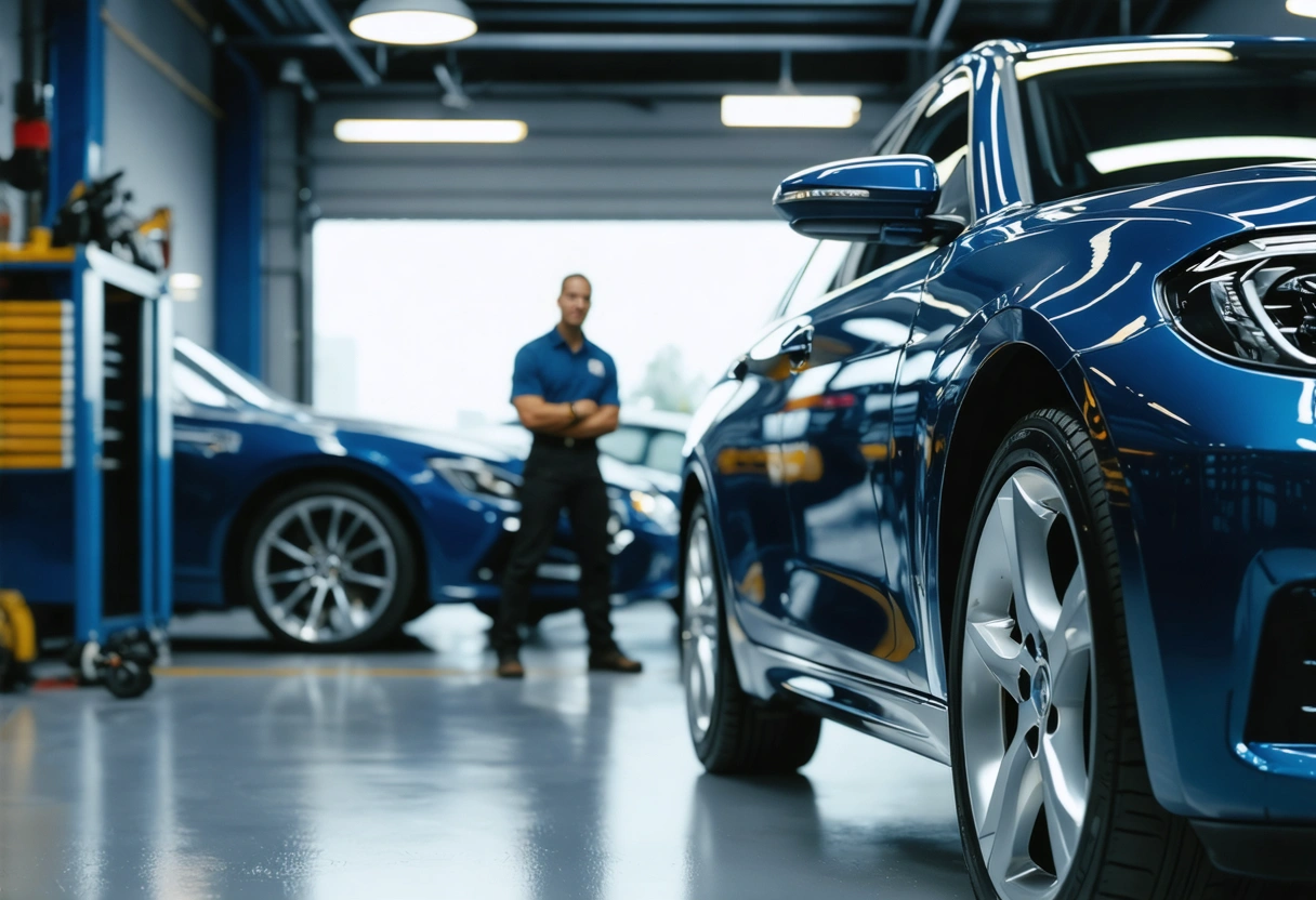 A satisfied customer admiring their car's flawless finish at a certified auto body shop. The