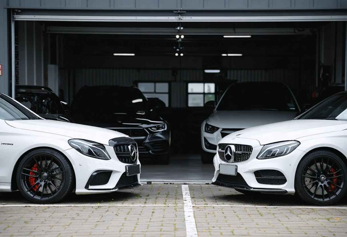 A side-by-side comparison of two cars: one with a high-quality paint job, the other with