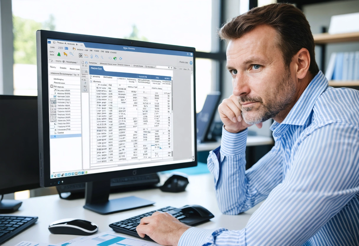 An insurance adjuster in an office reviewing a car repair estimate on a computer screen,