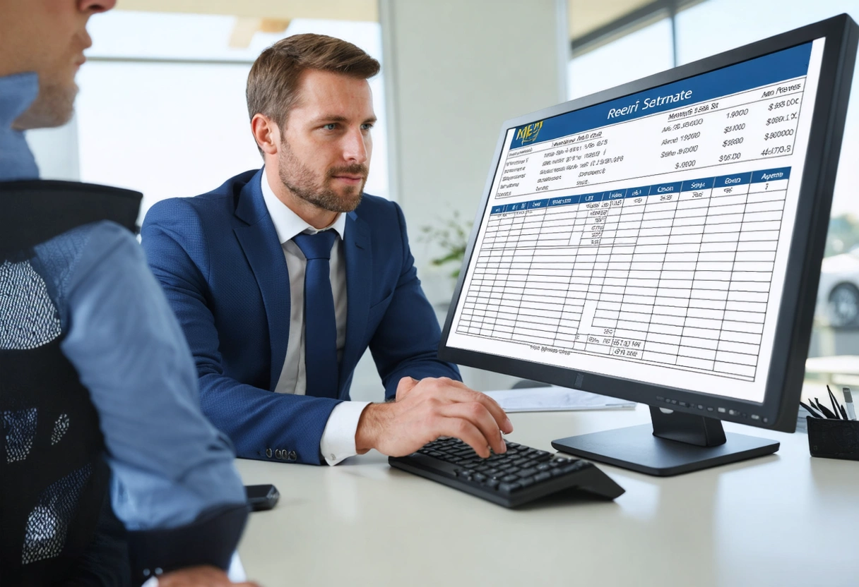 An insurance agent in an office, reviewing a repair estimate on a computer screen. The